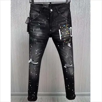  Модные мужские новые популярные буквы стиля Печать Узкие джинсы Модные повседневные джинсовые брюки с отверстием 9881 #