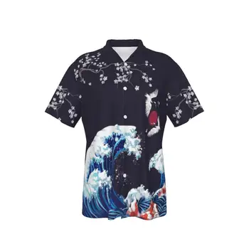 Мужская гавайская рубашка Японский стиль Морские волны Пляж с коротким рукавом Лето Повседневные топы на пуговицах Пэчворк 3D Черные рубашки