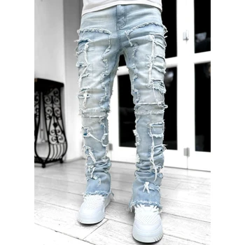 Мужские джинсы Мода Ретро Джинсовые брюки Европейская и американская уличная мода Горячий стиль Эластичный патч Джинсовые брюки с прямыми штанинами