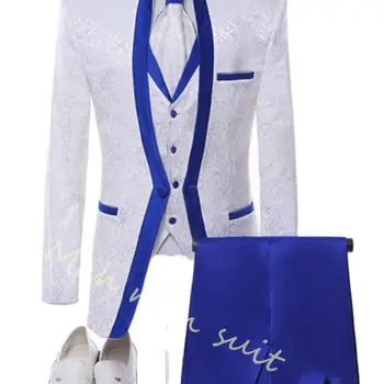 Мужские костюмы Серебристо-белый узор Высокое качество Блейзер Смокинг Комплекты Свадебные Мужчины Slim Fit Custome Большой Размер Элегантный Наряд Бизнес