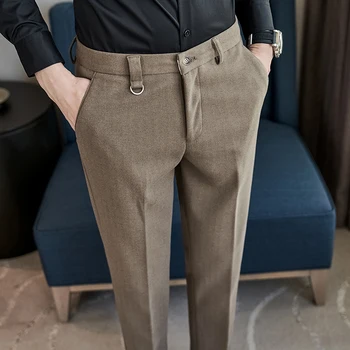 Мужские осенне-зимние толстые шерстяные костюмные брюки 2023 Новые мужские шерстяные ткани Мужская деловая отделка Тонкие темные полосатые костюмные брюки