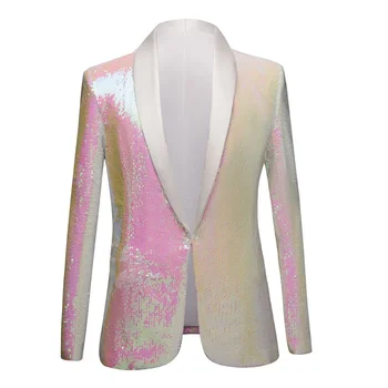 Мужской блестящий розовый белый костюм с пайетками, пальто на одну пуговицу, шаль, смокинг, костюмы, блейзеры 2023, мужские свадебные костюмы, певец, клуб
