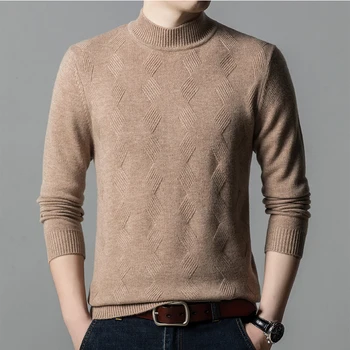 Мужской осенне-зимний плюшевый и толстый свитер с полувысоким воротником для тепла, комфорта и модного базового свитера