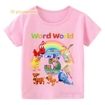 Мультяшные графические футболки Word World 4 день рождения Розовые футболки детские футболки для девочек одежда Wordworld Детская одежда Рубашки для девочек