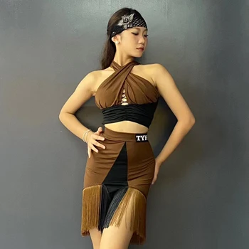 Новая одежда для латиноамериканских танцев Женщины Сексуальные топы с вырезом Коричневый Юбка с бахромой Ча-Ча-Румба Практика Носить Производительность Платье DNV19165