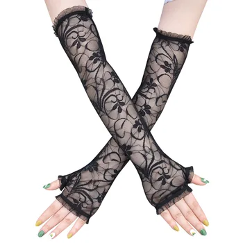 Новые длинные женские солнцезащитные перчатки с цветочным кружевом Лолита Косплей 1920-х годов Аксессуары для вечеринок Черные варежки без пальцев 40 см Опера рукава