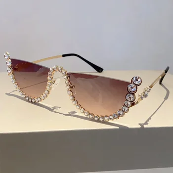 Новые полукруглые солнцезащитные очки без оправы со стразами 2024 Модные винтажные градиентные оттенки Ins Модные роскошные брендовые дизайнерские очки
