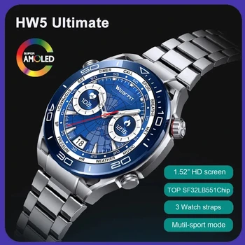  Новые умные часы Роскошные мужские HW5 Ultimate с 3 ремешками для часов 1,52-дюймовый AMOLED-экран Bluetooth Call NFC Music Smartwatch для Huawei