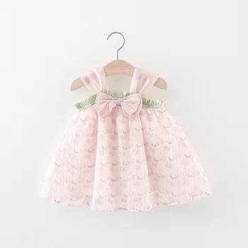  Новый лук для девочек Маленький вишневый принт Двухслойное платье слинг для девочек и младенцев Летнее модное детское платье