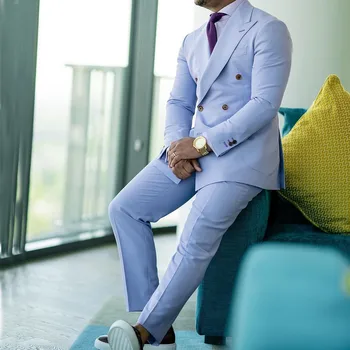 Новый небесно-голубой мужской костюм с остроконечными лацканами двубортный деловой костюм из 2 частей для работы trajes de hombre (куртка + брюки)2023