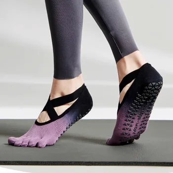 Носки для йоги с пятью пальцами ног Силиконовые нескользящие профессиональные носки для пилатеса с градиентом цвета Дышащий бандаж с открытой спиной Носки для танцевальных видов спорта