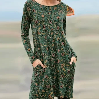 Одежда свободного кроя с ретро-принтом Женское мини-платье с длинным рукавом и круглым вырезом с длинным рукавом, зеленый, синий, коричневый, 2023 винтажный vestido