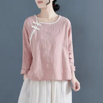 Осенние блузки Новый китайский стиль O Вырез Рубашка с длинным рукавом Женские винтажные элегантные пуловеры из хлопковой конопли 2023