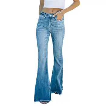 Расклешенные женские брюки Стильные широкие джинсы для женщин Эластичные джинсовые брюки с высокой талией для поездок на работу Высокая посадка Slim