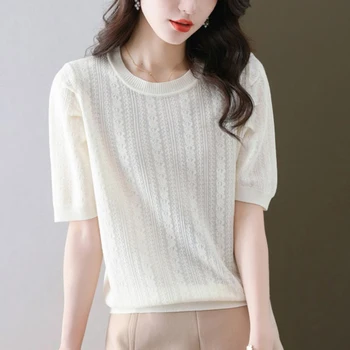 Розовая корейская модная одежда 2023 Летние футболки Футболка с коротким рукавом для женщин Трикотажные топы с вырезом Женские белые футболки Camisetas