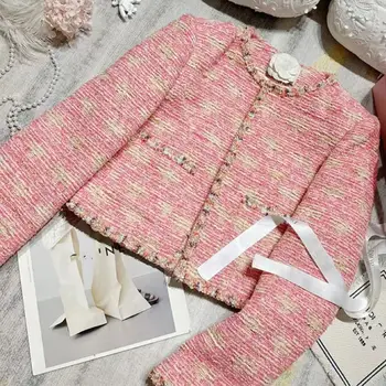 Розовый полосатый шерстяной твидовый трикотажный короткий пиджак для женского кардигана с длинным рукавом в сладком осеннем стиле 2023