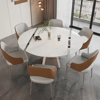 Роскошный набор круглых обеденных столов Выдвижная вращающаяся столешница из каменной плиты на 4 или 6 человек Домашняя мебель Универсальный кухонный стол