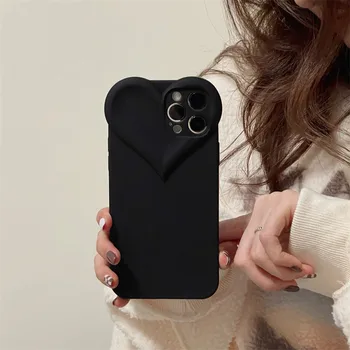 Роскошный черный чехол для телефона Love Heart для iPhone 11 12 13 14 Pro Max X XS XR 7 8 Plus 3D Симпатичный матовый мягкий ТПУ Противоударный чехол Gril