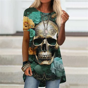 Рубашка с принтом черепа ужасов Винтажная женская футболка с вырезом O Повседневные топы с коротким рукавом Одежда в стиле Харадзюку Лето Свободный пуловер