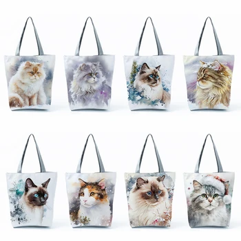  Симпатичные акварельные сумки с кошачьим принтом Повседневные женские сумки высокой емкости Красивые мультяшные сумки для покупок Складные дорожные пляжные сумки