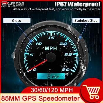 Универсальный 85 мм 7-цветная подсветка GPS спидометр Датчик водонепроницаемый 30 60 120 миль в час Спидометр Подходит для обоих автомобилей 12 В / 24 В