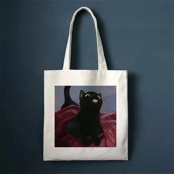  Черная кошка Сумка для покупок Сумки для шопперов Тотализатор Холщовая сумка Harajuku Многоразовая женская повседневная сумка через плечо Kawaii большой емкости