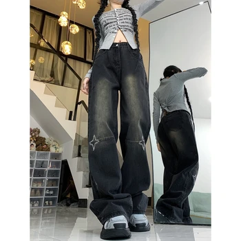 Черные женские джинсы с высокой талией Мода Американская винтажная уличная одежда Y2K NEW Широкие Джинсовые Женские