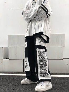 Японский Y2k Животные Пэчворк Широкие Штанины Harajuku Streetwear Прямые брюки-карго Мужчины Мешковатые длинные брюки Оверсайз Techwear 2023