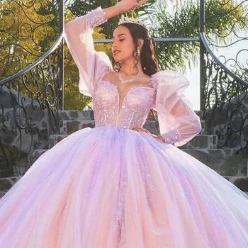 Ярко-фиолетовые розовые платья Quinceanrea 2024 с пышными длинными рукавами Princess Sweet 15 16-летняя девочка день рождения вечернее платье